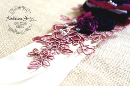 Lisa Wedding Dress Sash Belt - floral with lace - Raspberry Plum