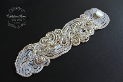 Lace cuff bracelet, crystal pearl with rhinestone detail, hand embellished - ivory & cream