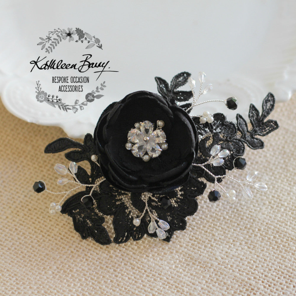 Rosaline Bridal Hair Clip in Black Lace with Cubic Zirconia detail - color options available