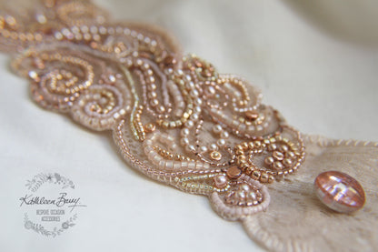 Rose gold lace cuff bracelet - pearl crystal embellished rose gold & blush pink tones - custom colors available