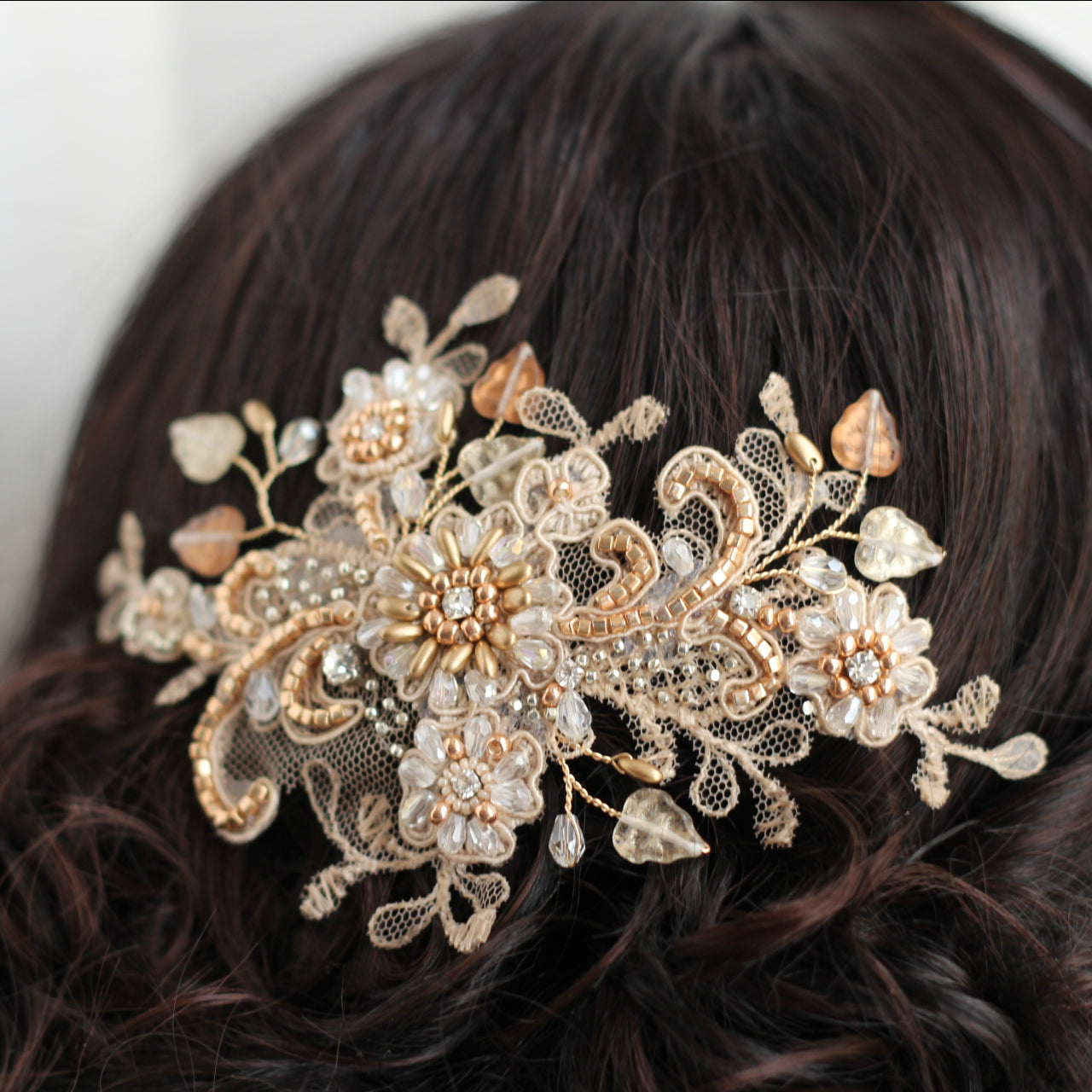 Lace rosegold hairpiece blush - wedding bridal accessories - veil comb - gold - copper - rose gold