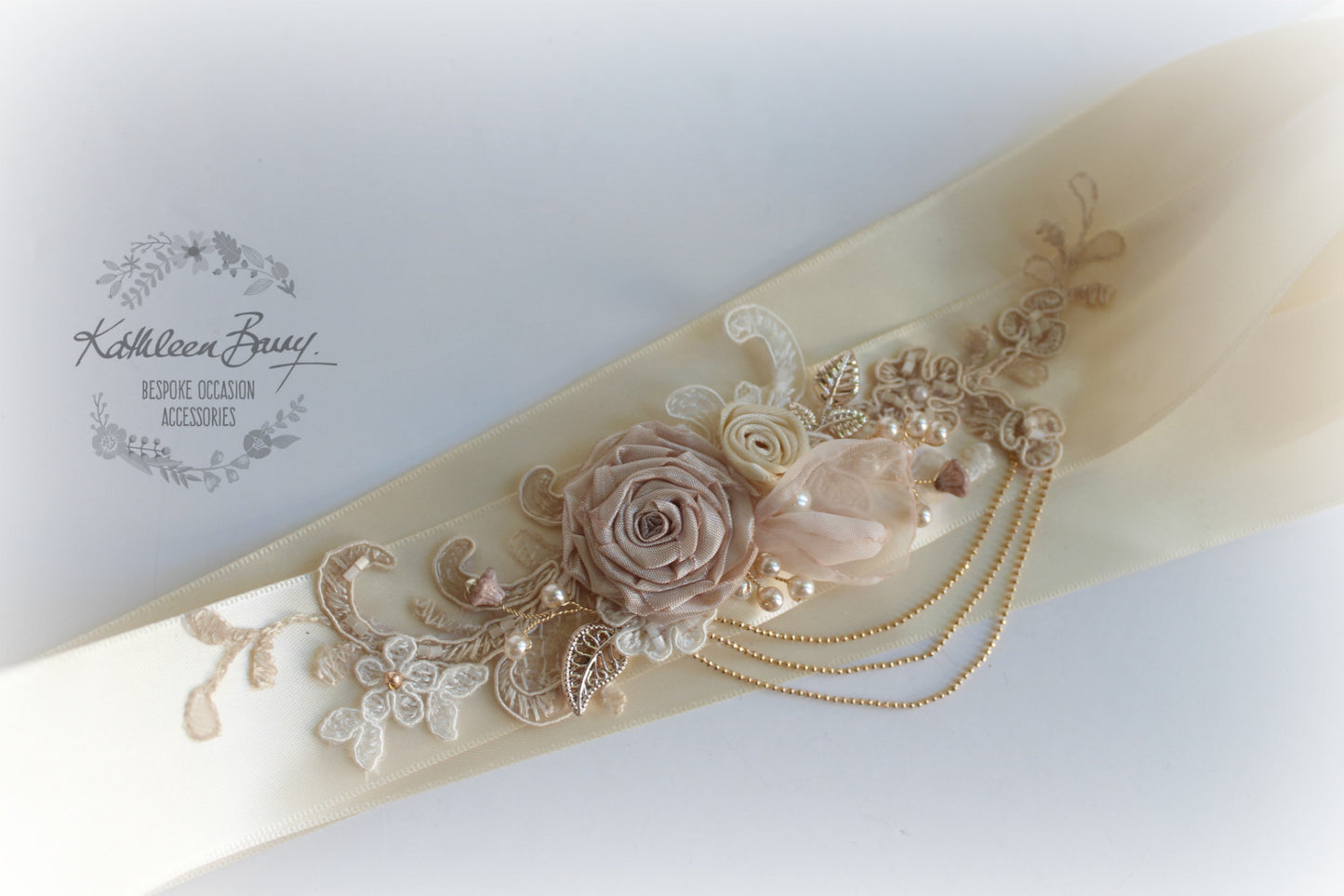 Eva Wedding dress sash belt - floral with lace - Blush pink and rose gold