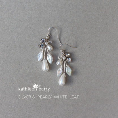 Seona pearl drop leaf earrings assorted pearl colors and finish available