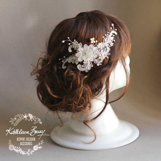 Gabriella Bridal Lace Rhinestone hair piece, 3D lace flower in 'ivory nude blush' with silver tones