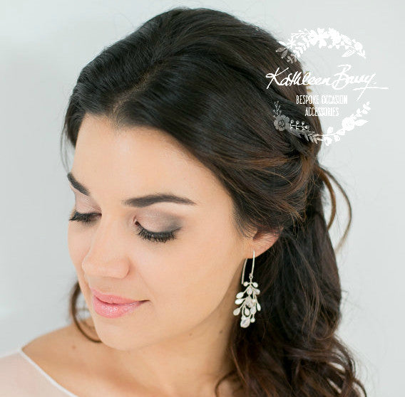 Sarah-Faye Earrings - Silver option - Leaf enamel inlay, pearl & crystal