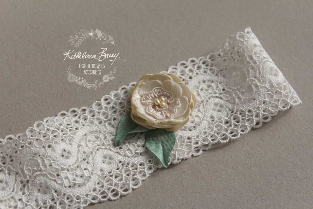 Sasha Garter Flower detail in Cream and Green - Color options available