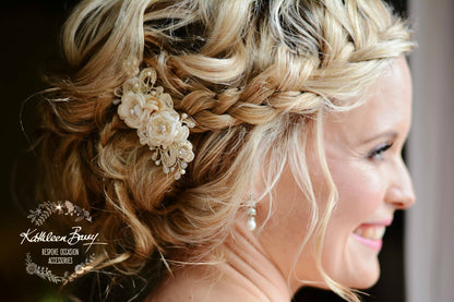 Sheena Hairpiece lace, small flowers and hand beaded - Color options, cream, ivory, white or blush pink