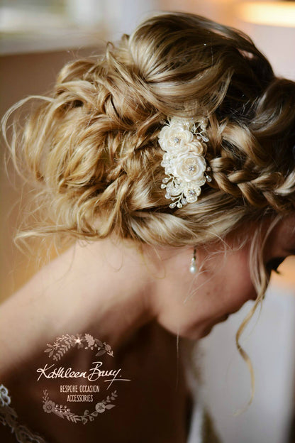 Sheena Hairpiece lace, small flowers and hand beaded - Color options, cream, ivory, white or blush pink