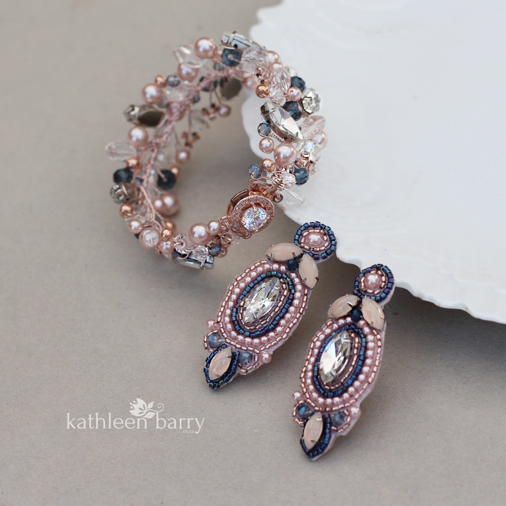 blush pink rose gold navy blue wedding jewellery bracelet earring set