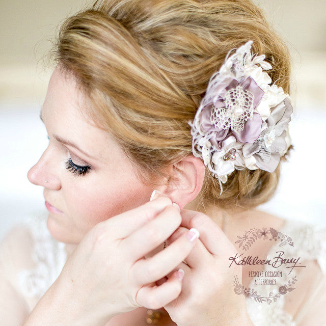 Shelly bridal hairpiece fascinator - colors to order - mauve and Ivory