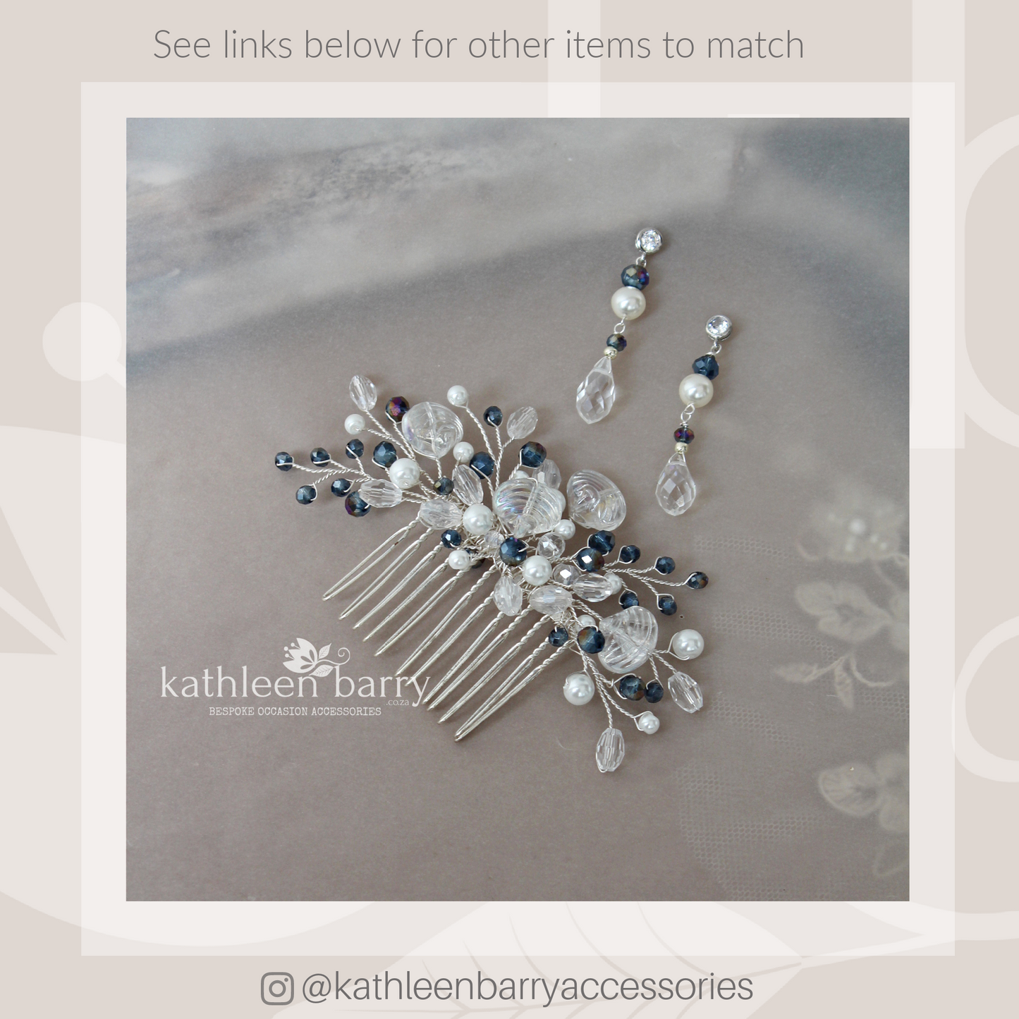 Shell Crystal Pearl Bridal hair comb beach wedding theme Navy and white - Color and finish options available
