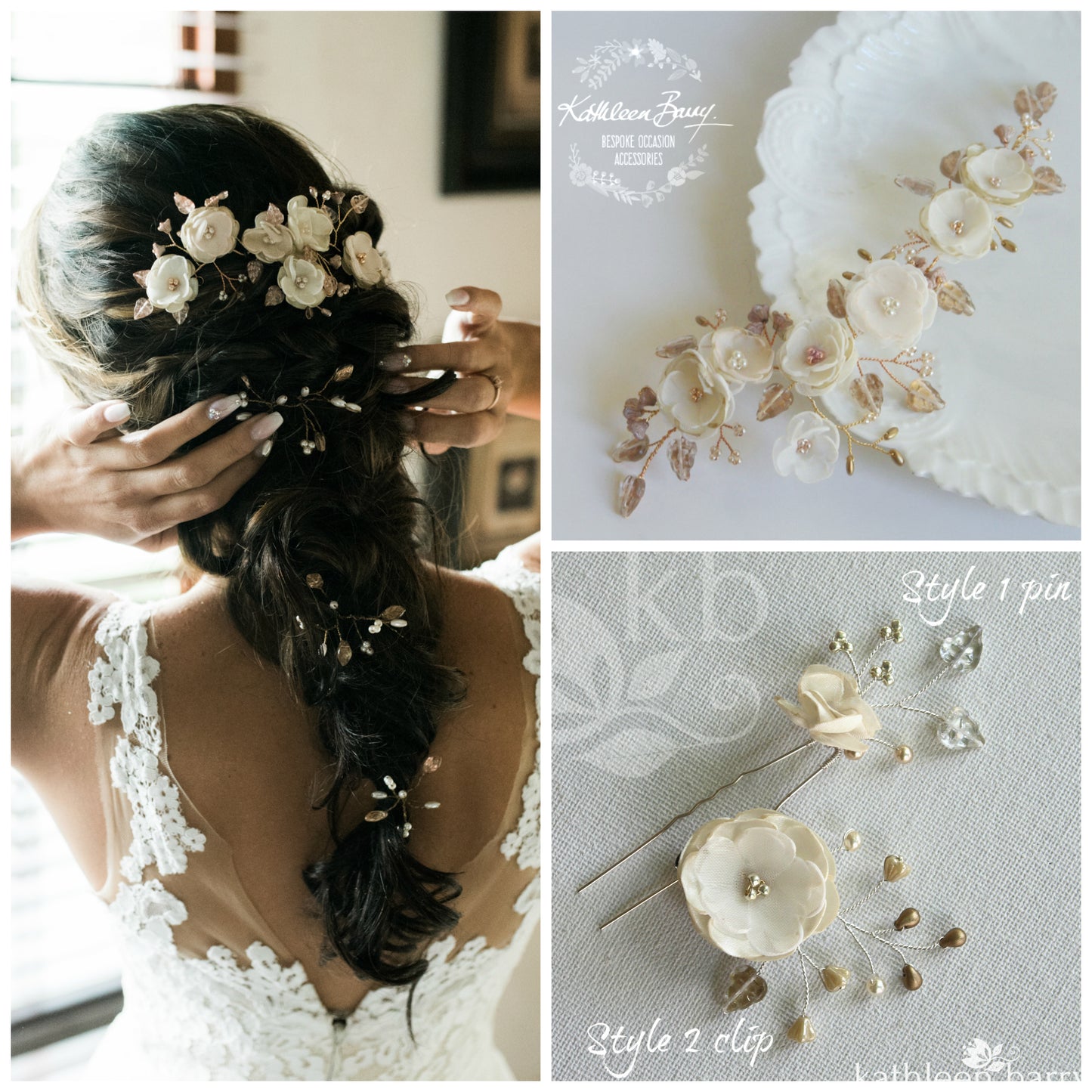 Stacey floral hairpiece - Bridal wedding flower hair accessory - champagne, ivory rose gold