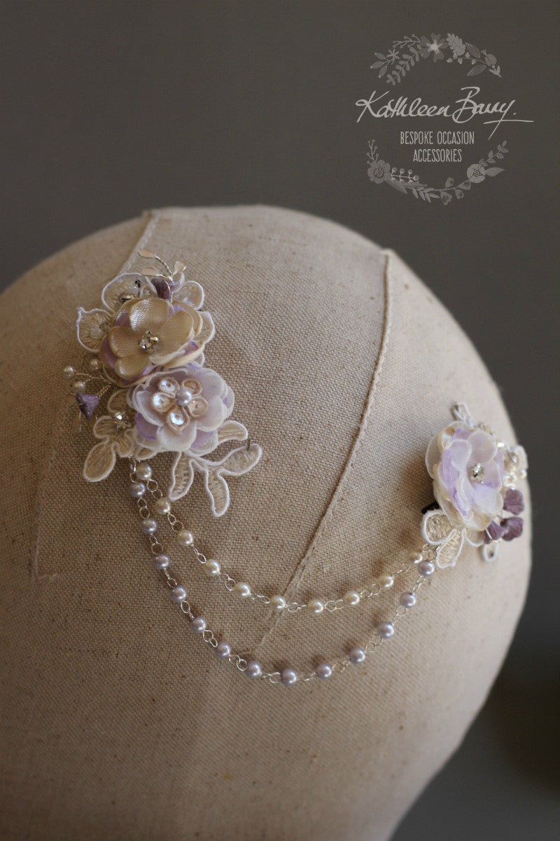 Cindy - Two part crystal and pearl lace hairpiece with linked detail