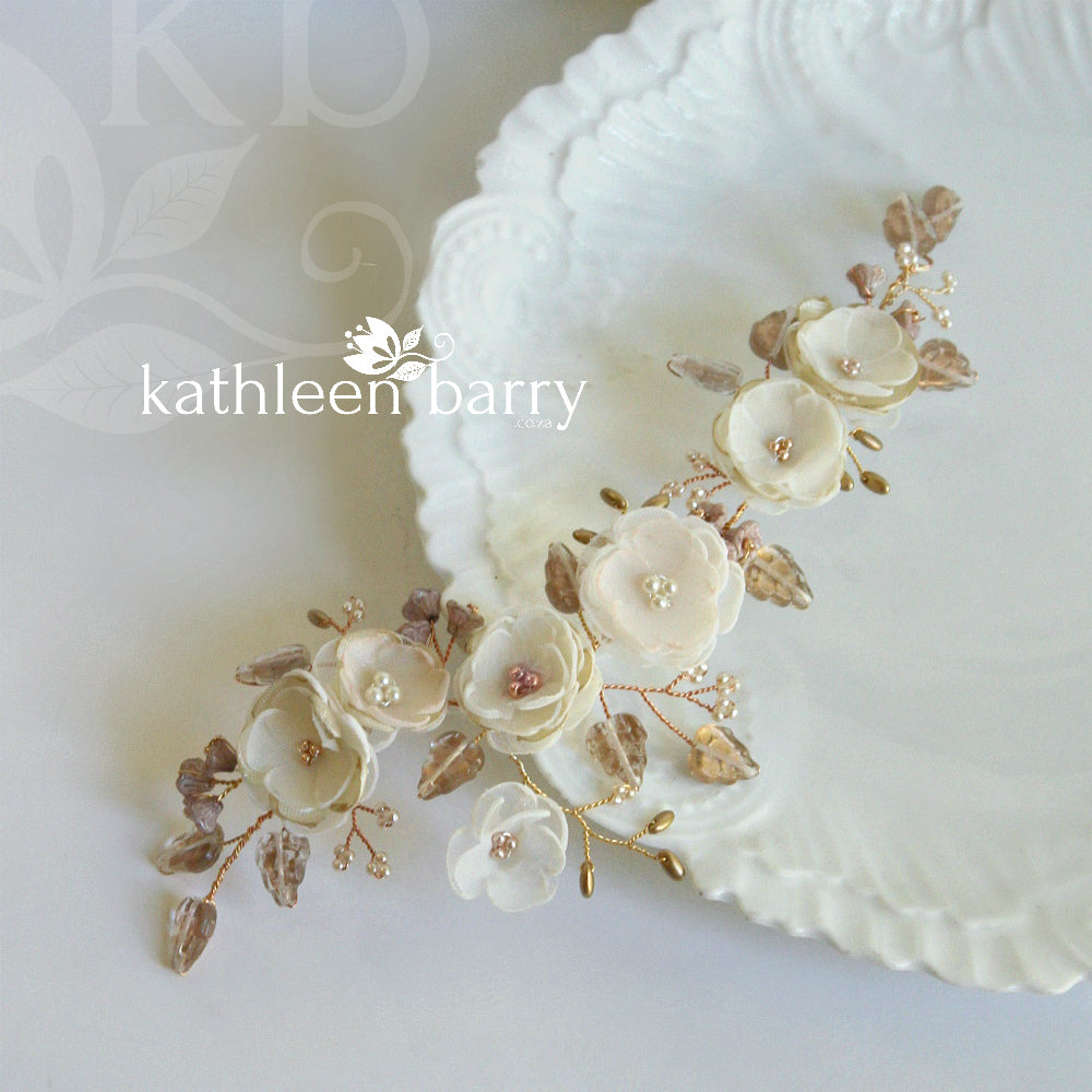 Stacey floral hairpiece - Bridal wedding flower hair accessory - champagne, ivory rose gold