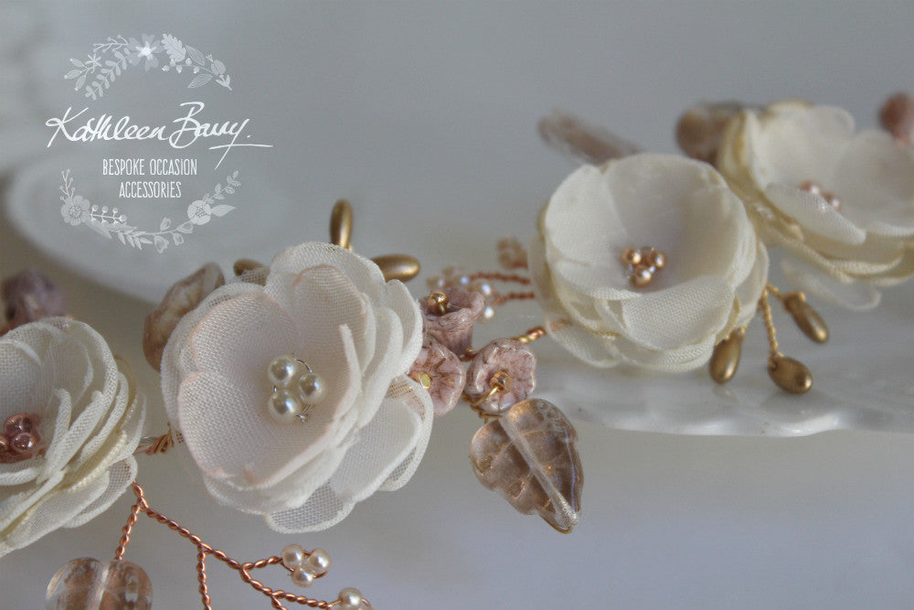 Stacey floral hairpiece - Bridal wedding flower hair accessory - champagne, ivory rose gold