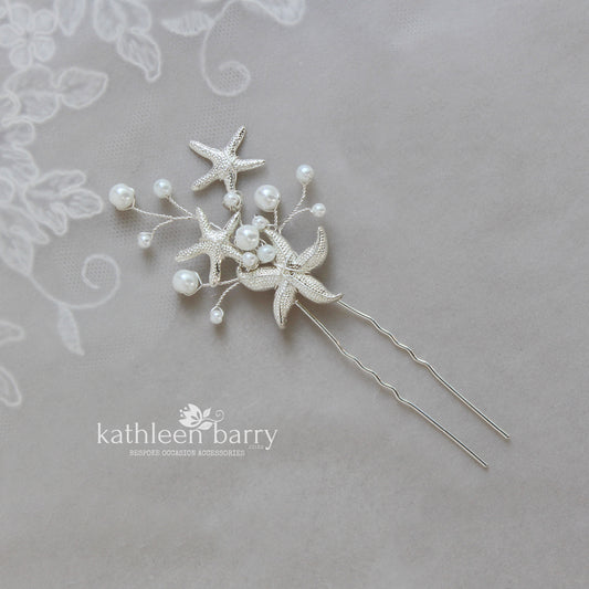 Starfish and pearl hair pin sea star beach wedding - Sold Individually - silver, gold or rose gold