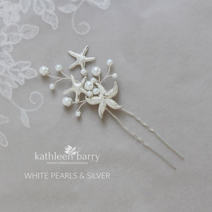 Starfish and pearl hair pin sea star beach wedding - Sold Individually - silver, gold or rose gold