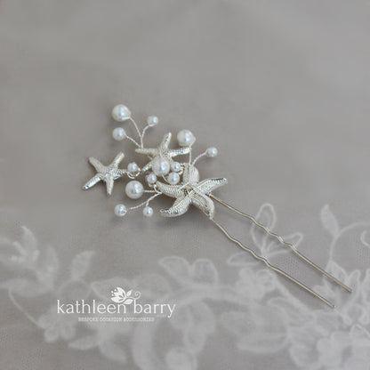 Starfish and pearl hair pin sea star beach wedding - Sold Individually - silver, gold or rose gold