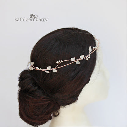 Greek Orthodox Stefana wedding circlet crown set - leaves and pearls (set of two) Gold, silver or rose gold.