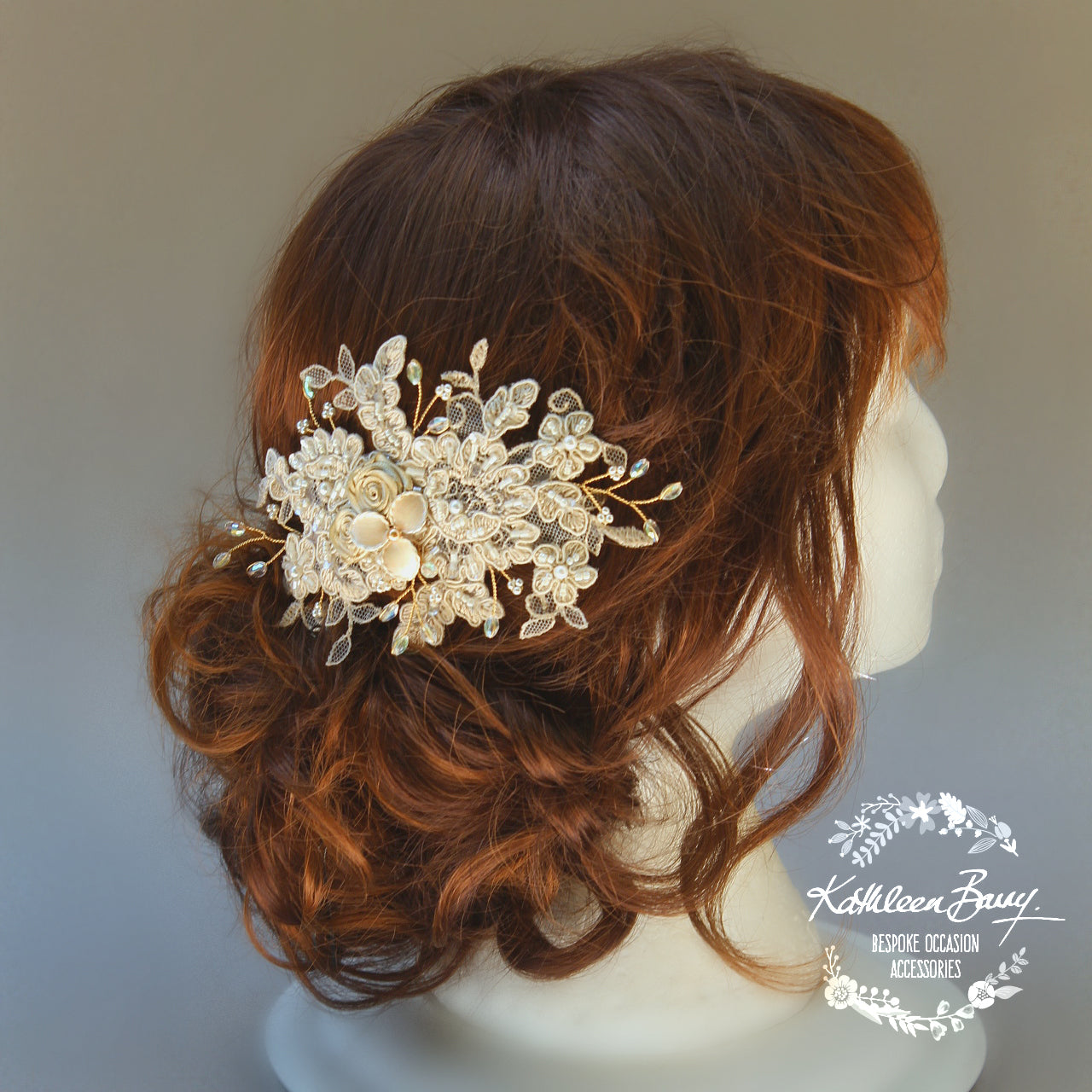 Stephni Champagne Lace hairpiece vintage bridal wedding bridal veil clip