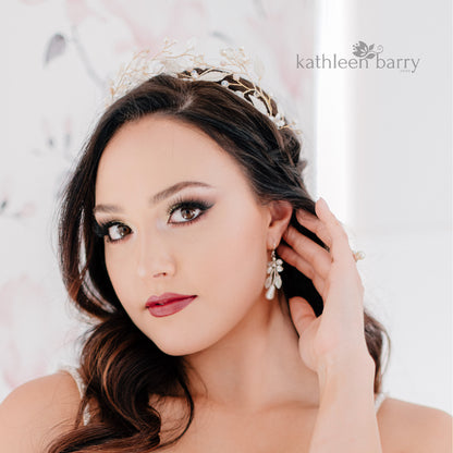 Seona pearl drop leaf earrings assorted pearl colors and finish available