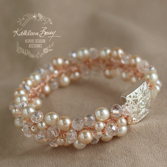 Tamyn Bracelet Rose gold- pearls and crystals - Bridal wedding jewellery - Cuff