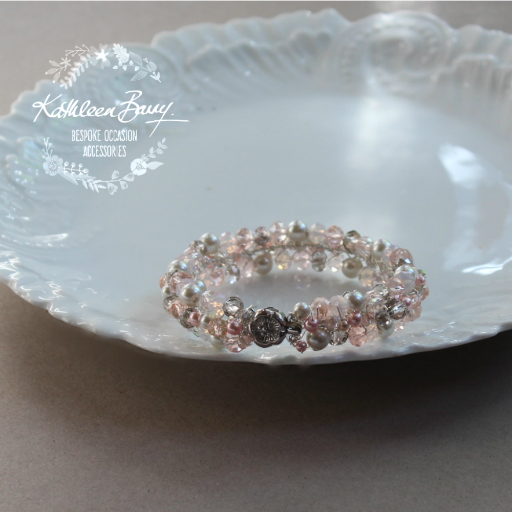 Tana Bracelet - Crystal & Pearl Bridal Bracelet - Pink and grey