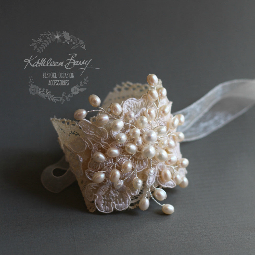 Tanya Lace & Pearl Cuff Bracelet Freshwater Pearls Wedding accessories, bracelet pearl lace