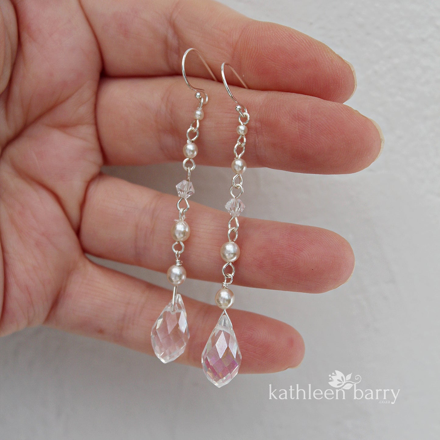 Tasneen long crystal drop and pearl earrings -Custom options available silver, gold & rose gold available