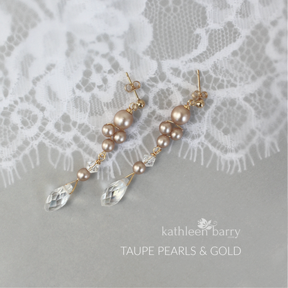 Lauren drop crystal pearl earrings - Silver, Gold, Rose gold or copper finish - assorted pearl color options