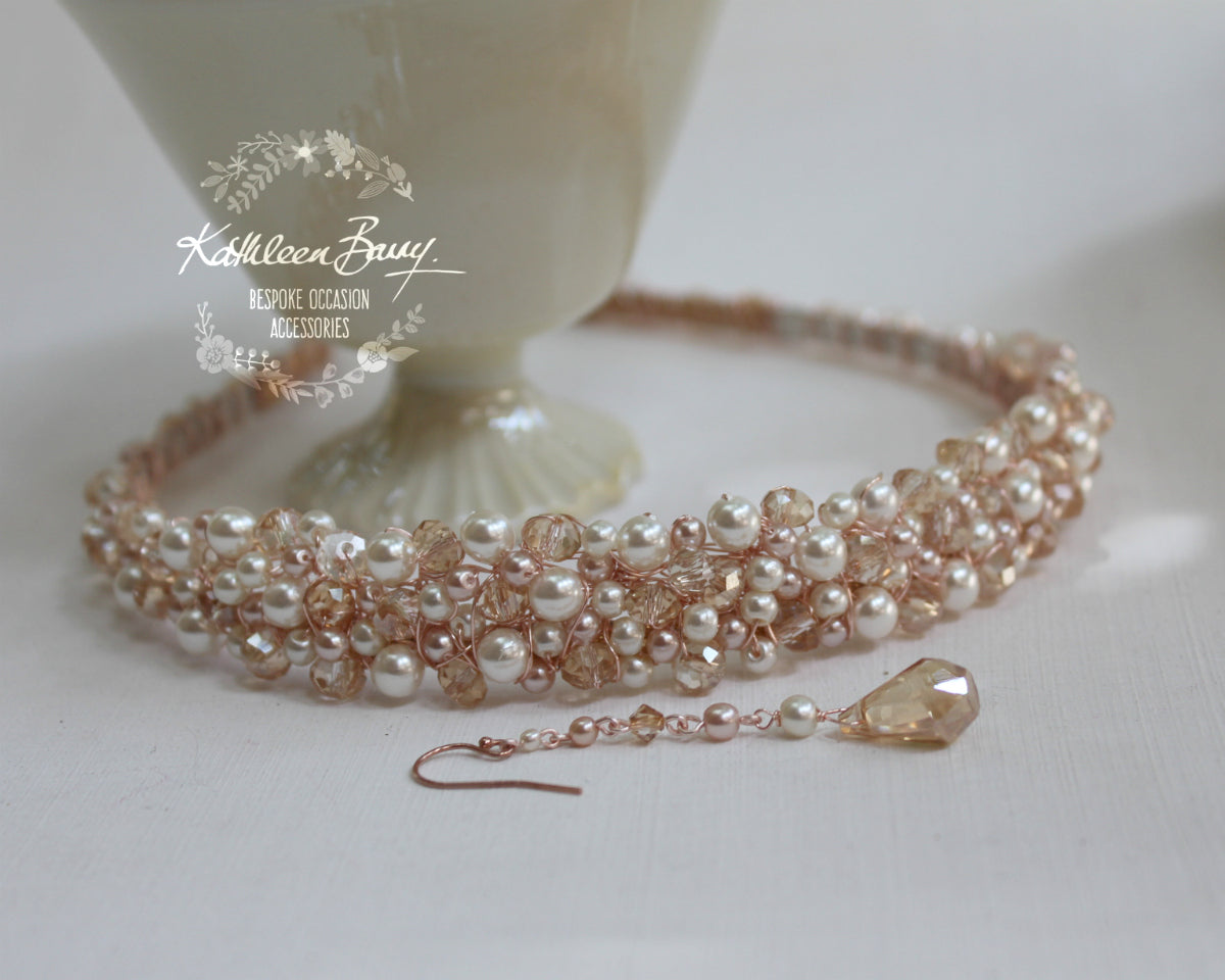 Tasneen headband Tiara - Rose gold, mixed pearls and champagne crystals - Custom options available