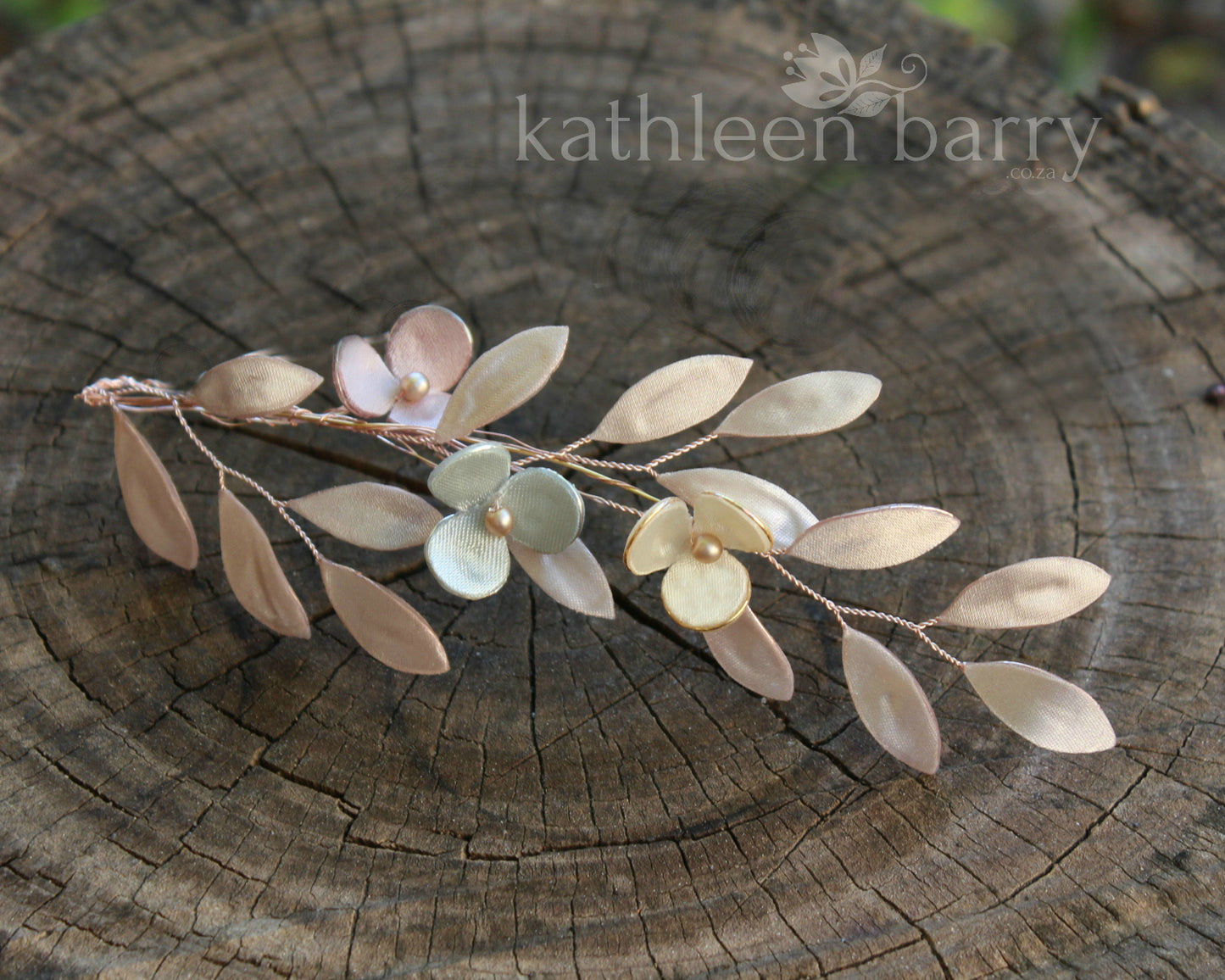 Theora leaf hairpiece - satin sculpted fabric leaves & flowers - color options available