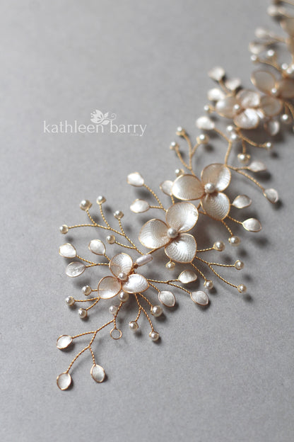Tiffany Gold hair vine iridescent gold white pearl - Available in Gold, Silver and Rose gold