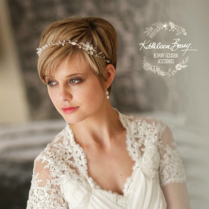 Tracy crystal pearl headband, delicate sculpted fabric flowers and glass leaves - colors available