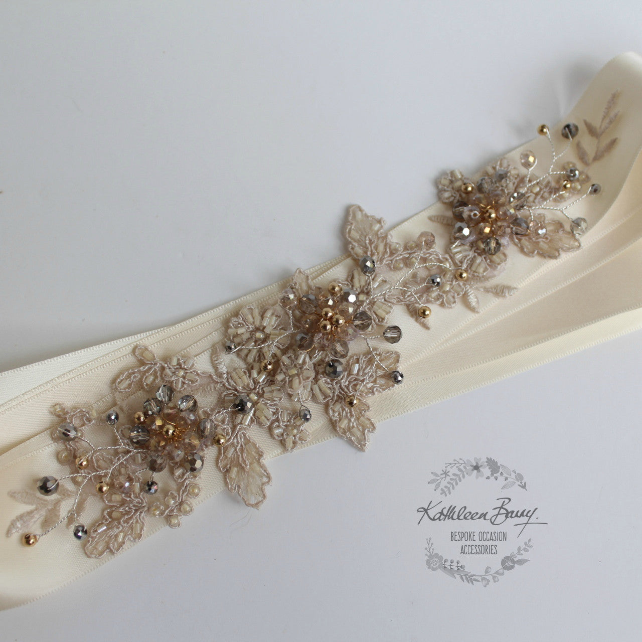 Vintage gold lace sash belt - wedding dress bridal accessory - antique gold and silver grey - Bridal belt