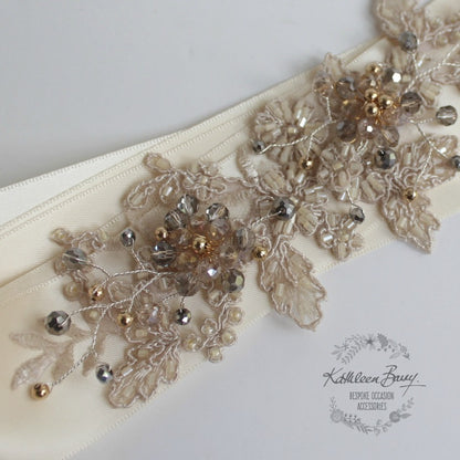 Vintage gold lace sash belt - wedding dress bridal accessory - antique gold and silver grey - Bridal belt