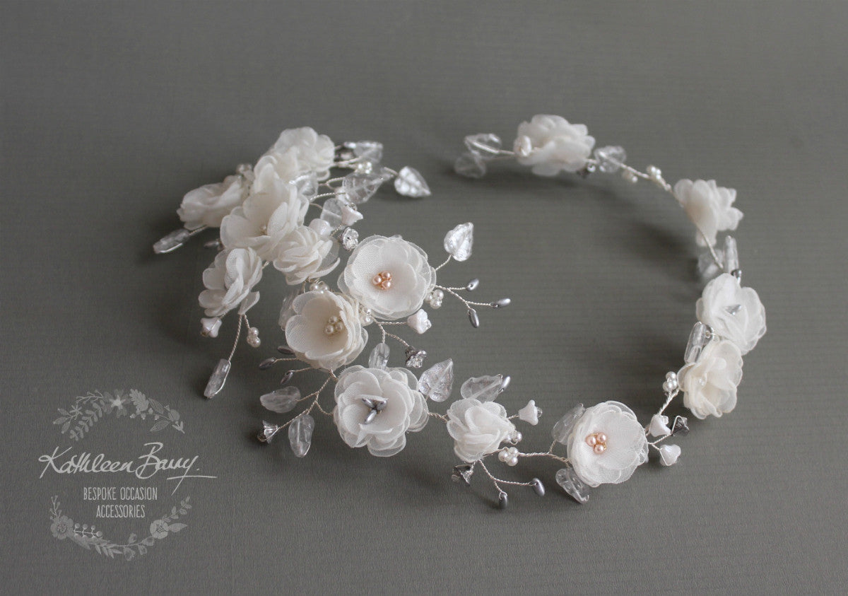 Wendy Silver off white flower wedding headband bridal floral wreath crown