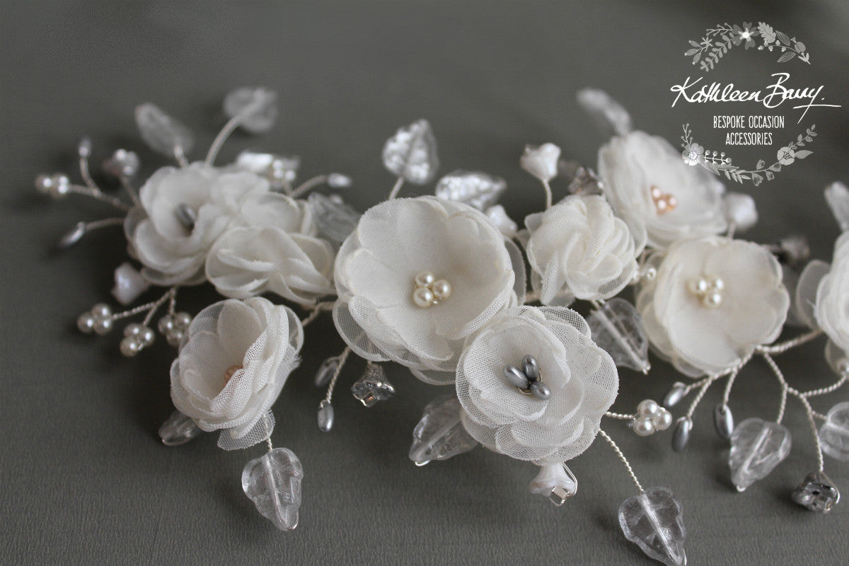 Wendy Silver off white flower wedding headband bridal floral wreath crown