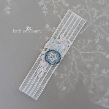 Yvonne garter ivory with flower detail and lace - Dusty blue - color options available