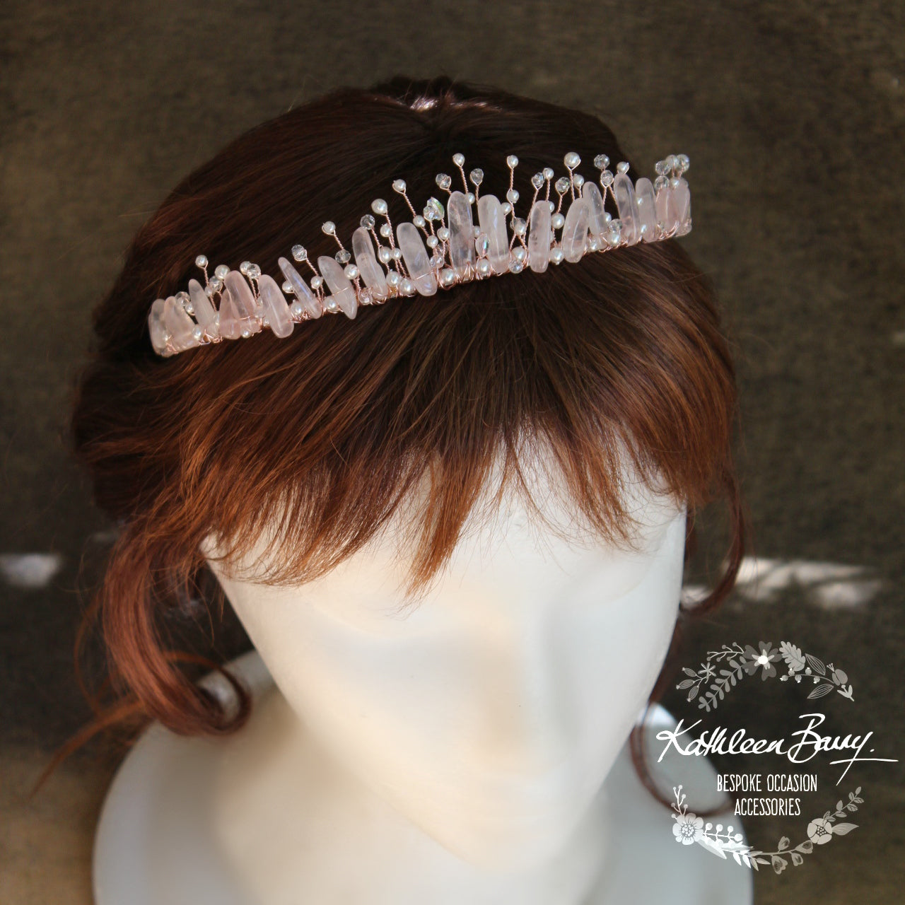 Zenobia Rose quartz and pearl crystal crown - Rose gold, gold or silver