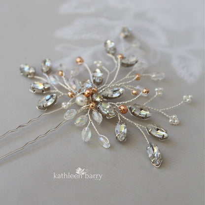 Bridal hair pin rhinestone leaf leaves rose gold and other color options available