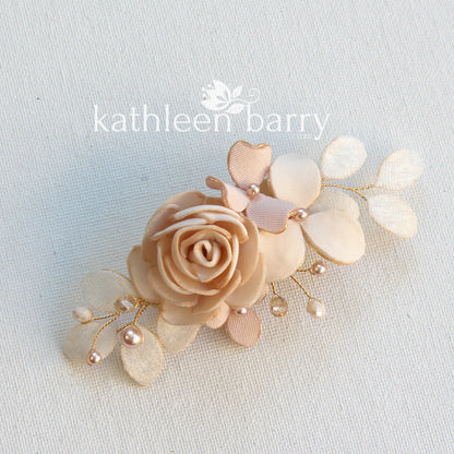 Audrey hairpiece - sculpted fabric flowers - Assorted colors, Rose gold, pale gold or silver