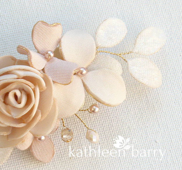 Audrey hairpiece - sculpted fabric flowers - Assorted colors, Rose gold, pale gold or silver
