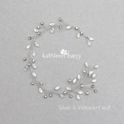 Carlene circlet with glass leaf and rhinestone crystal - Silver, gold or rose gold