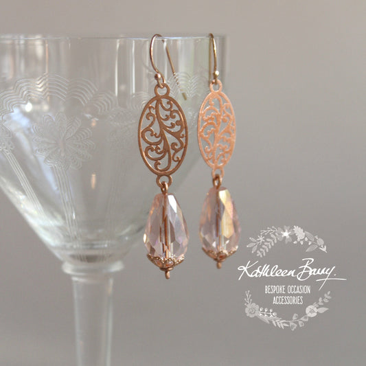 Jemma Rose gold blush pink crystal drop filigree earrings