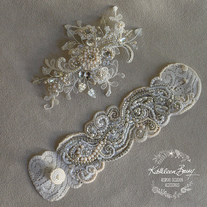 Lace cuff bracelet, crystal pearl with rhinestone detail, hand embellished - ivory & cream