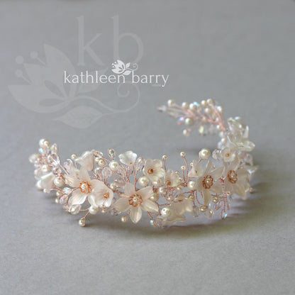 Monica floral crystal and pearl vine style hairpiece - Rose gold, gold or silver