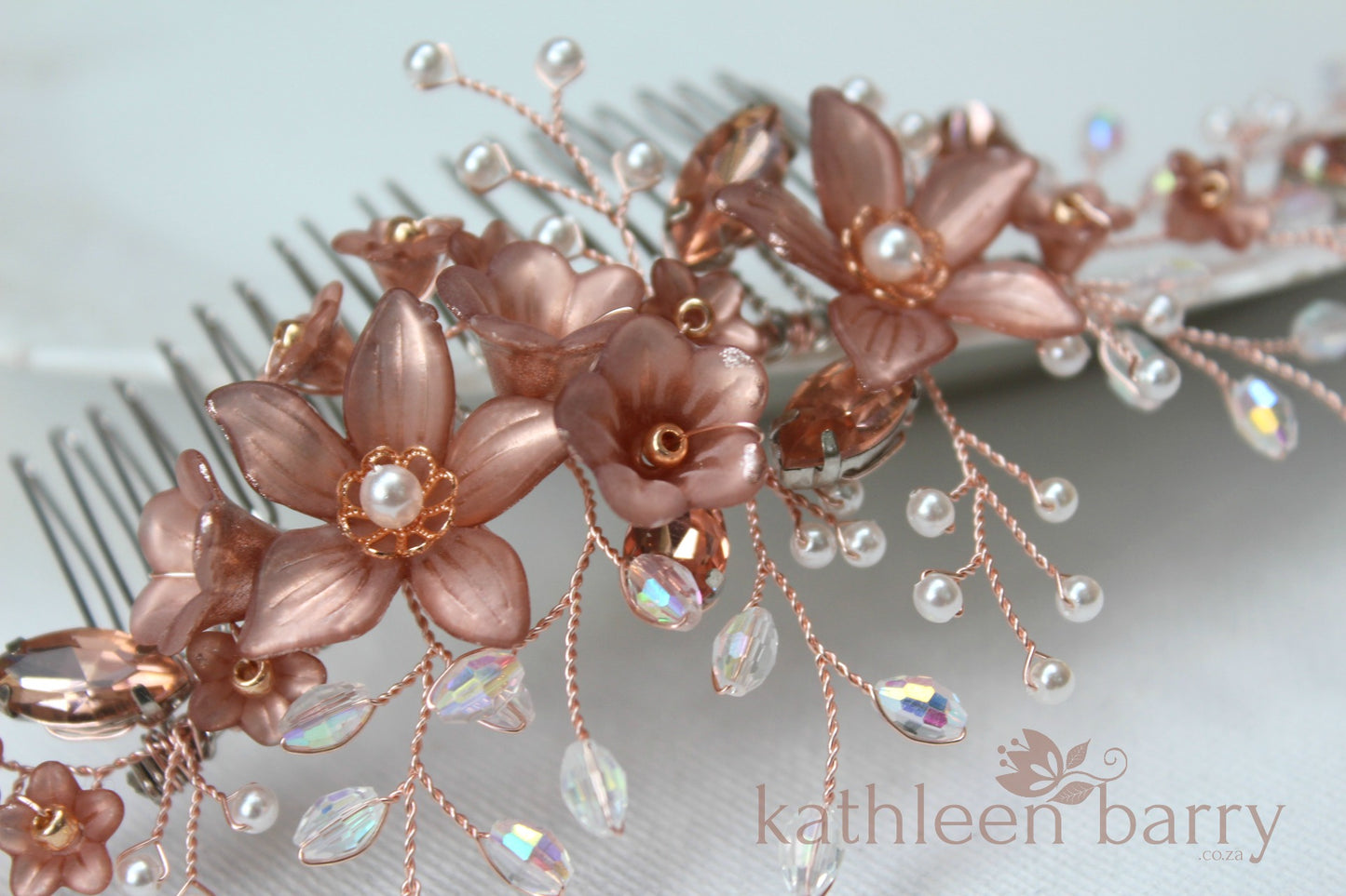 Rose gold Natalia Floral Spray Crystal, Pearl & Rhinestone Comb - Color options available