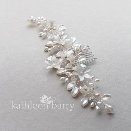 Taryn Statement floral and pearl hairpiece - Silver, gold or rose gold