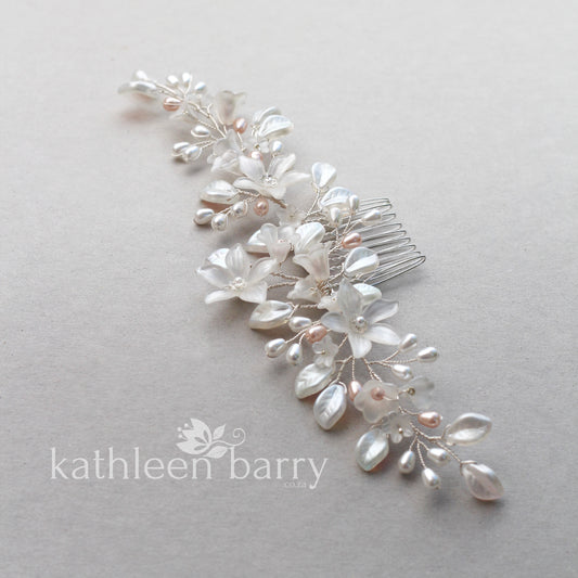 Taryn Statement floral and pearl hairpiece - Silver, gold or rose gold